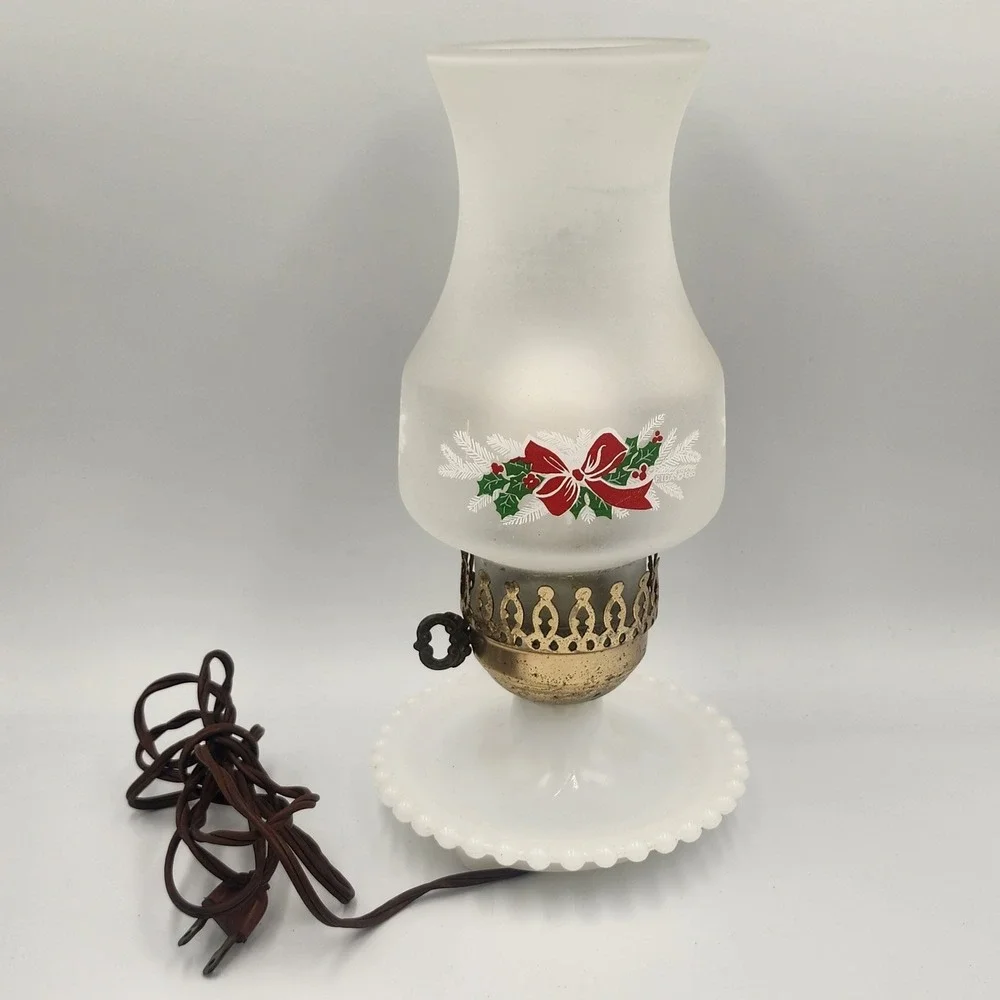 Leviton Vintage Christmas Hurricane Lamp Milk Glass Hobnail Frosted Holly Bow